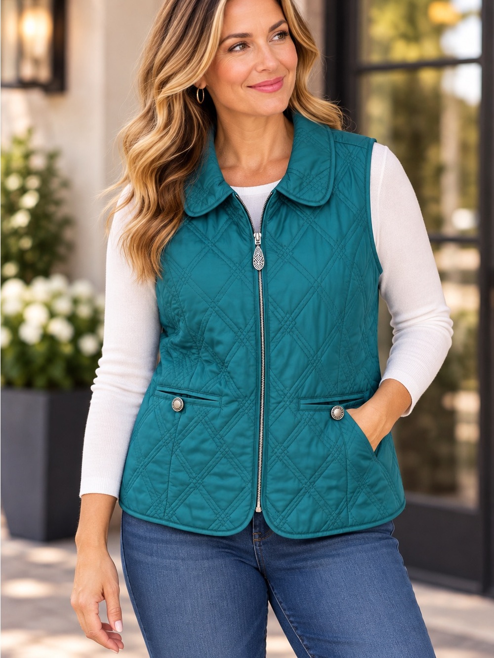 Christopher & Banks Quilted Vest in Blue Size Large Like New